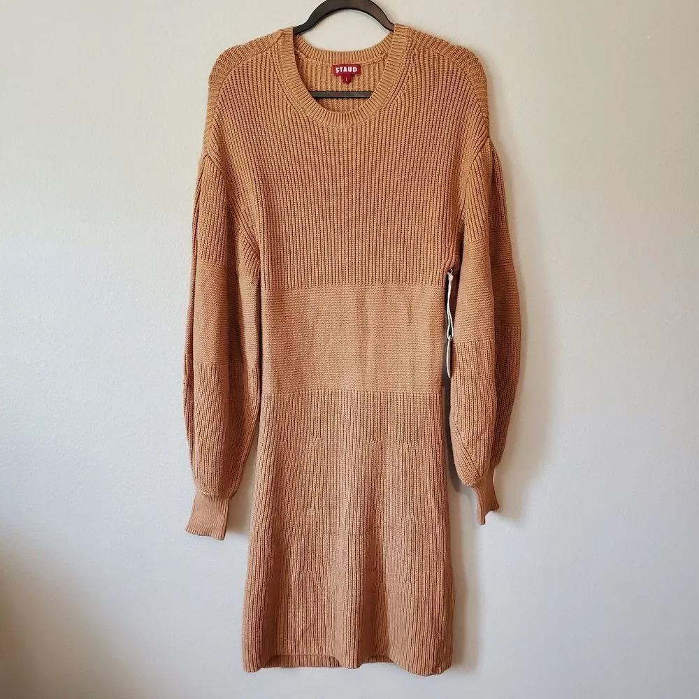 NEW STAUD Marylebone Camel Tan Long Sleeve Knit Sweater Dress Size Large - Picture 6 of 10